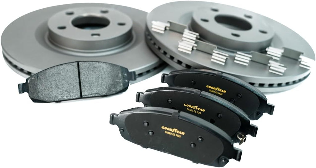 Goodyear | Premium Rear Rotors (2) and Brake Pads (4) for Chrysler 300 (2005-2020); Dodge Challenger (2009-2020); Charger (2006-2020); Magnum (2005-2008).