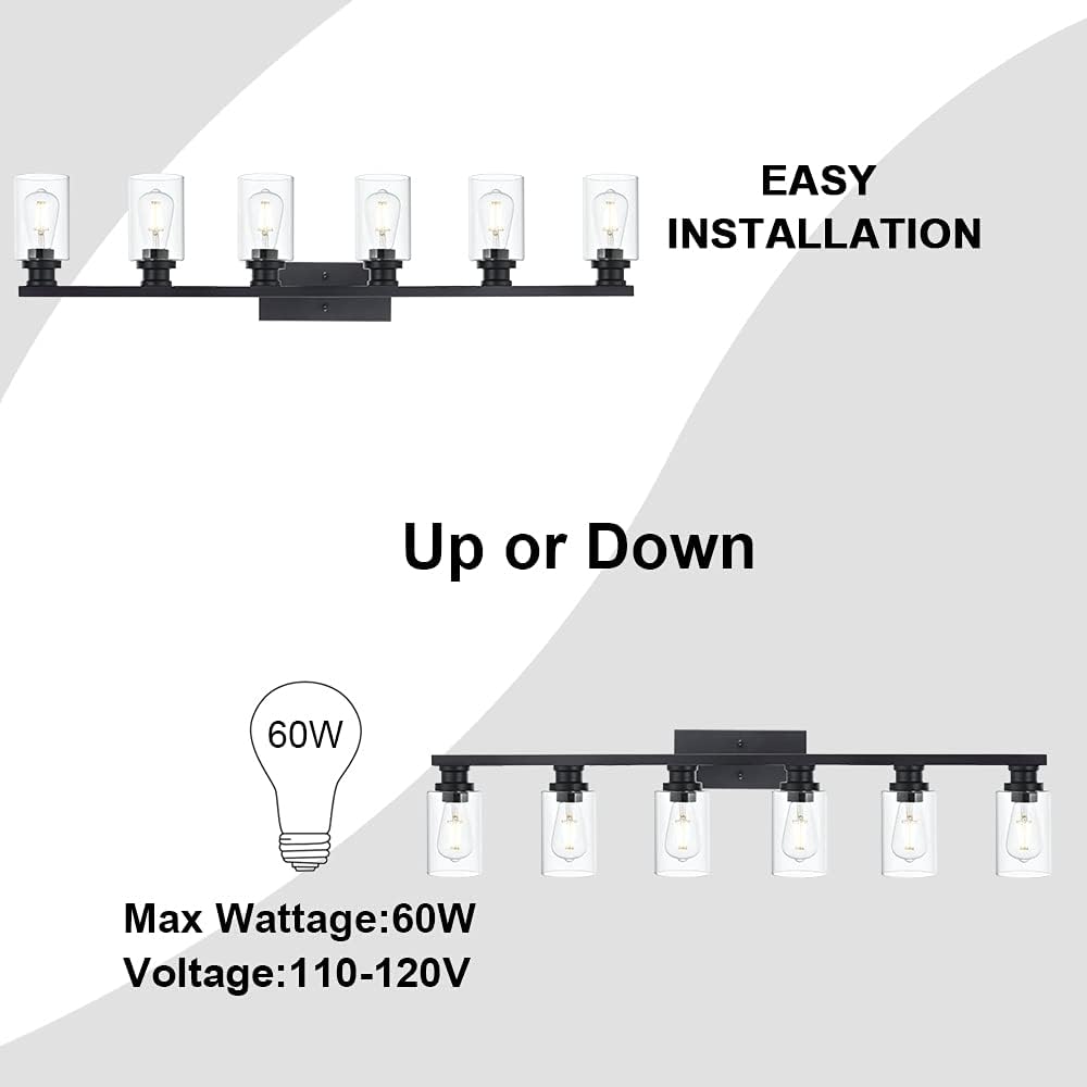6 Light Classic Bathroom Vanity Lighting Fixture,Matte Black Indoor Metal Wall Mount Light Over Mirror with Clear Glass Shade