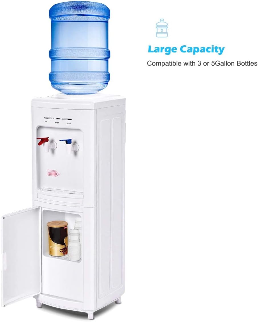 Rainfally Top Loading Water Cooler Dispenser, 3-5 Gallon Hot & Cold Dual-use Water Dispenser w/Bottom Storage Cabinet, Child Safe Lock, Energy-Saving Approved (White)