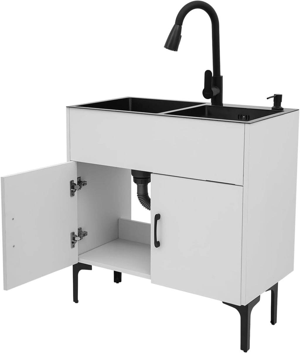 30-Inch Laundry Sink with Cabinet and Pull-Out Sprayer Fauce, Freestanding Kitchen Sink Cabinet w/Stainless Steel Double Sink & Draining Basket, Wash Station Tub for Laundry & Utility Room, Bathroom