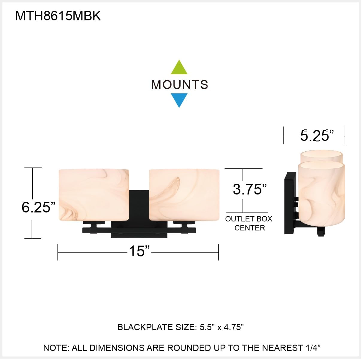 Quoizel Mather Bath Vanity Lights, 15 Inch 2-Light Lighting Fixtures Over Mirror, Matte Black with Marbled Glass Shade, 40W G9 Base Bulbs, Transitional Wall Mount Light for Bathrooms, Dresser or Sink