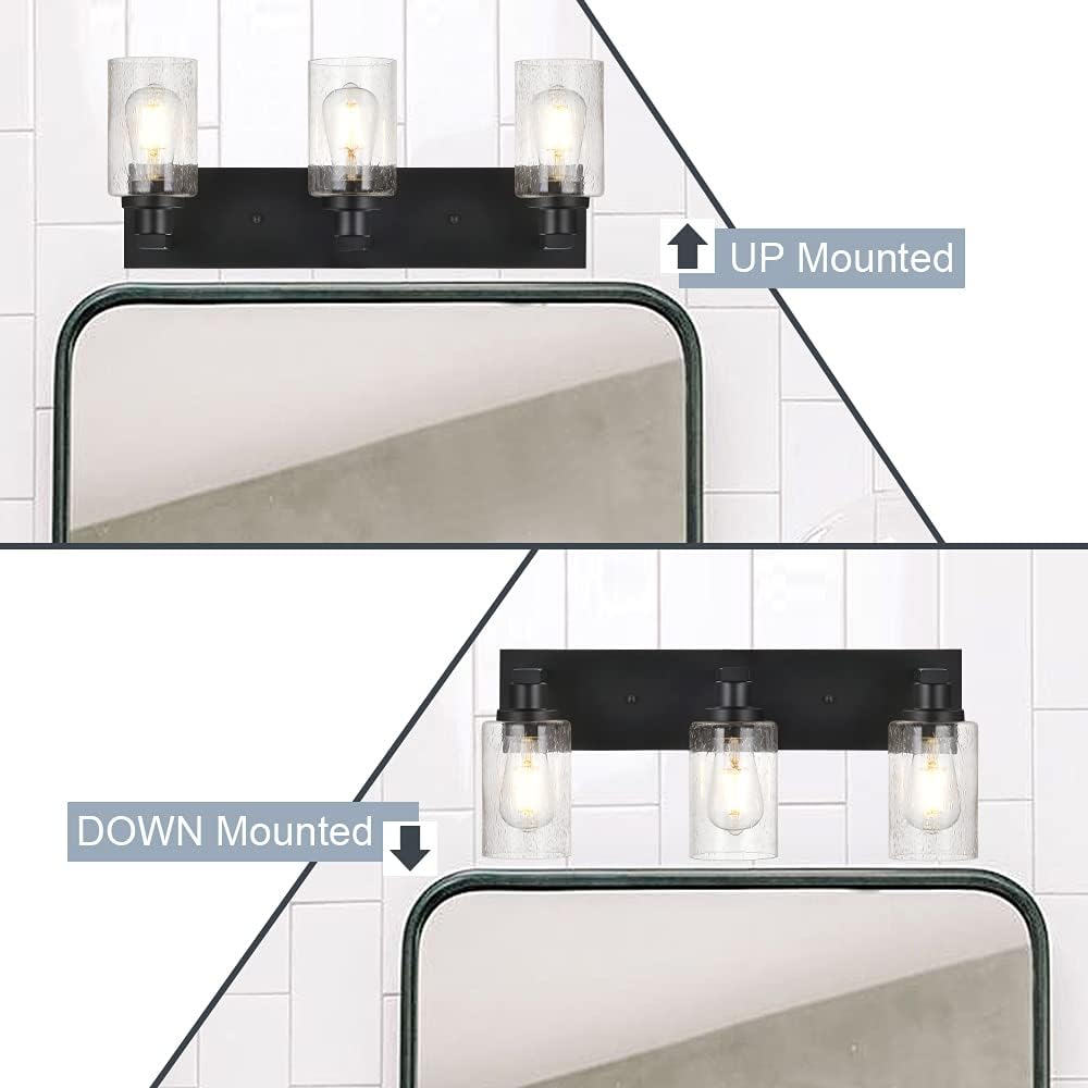 Vanity Lights 3-Lights Bathroom Light Fixtures Over Mirror in Black Finished, Bath Wall Lighting with Cylinder Seeded Glass