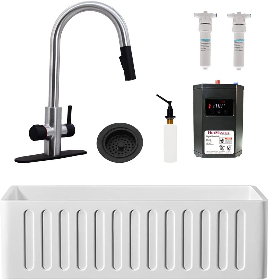Westbrass BK13341-2062 33' Single Bowl Reversible Apron Front Solid Surface Kitchen Sink with 4 in 1 Function Faucet, Dual Water Filters, Drain Basket and Soap Dispenser, Stainless Steel/Matte Black