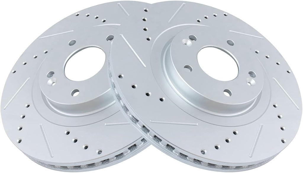 TRQ Performance Front Brake Pad and Rotor Set Ceramic Coated Drilled Slotted Vented Rotors Compatible with 2013-2018 Hyundai Santa Fe Sport 2014-2015 Kia Sorento