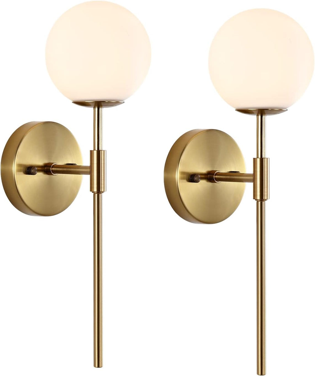 BYOLIIMA Gold Wall Sconce Set of 2 with White Globe Glass Shades Modern Mid Century Bathroom Vanity Wall Light Fixtures Industrial Brushed Brass Wall Lamp for Bedroom Mirror Living Room Restaurant