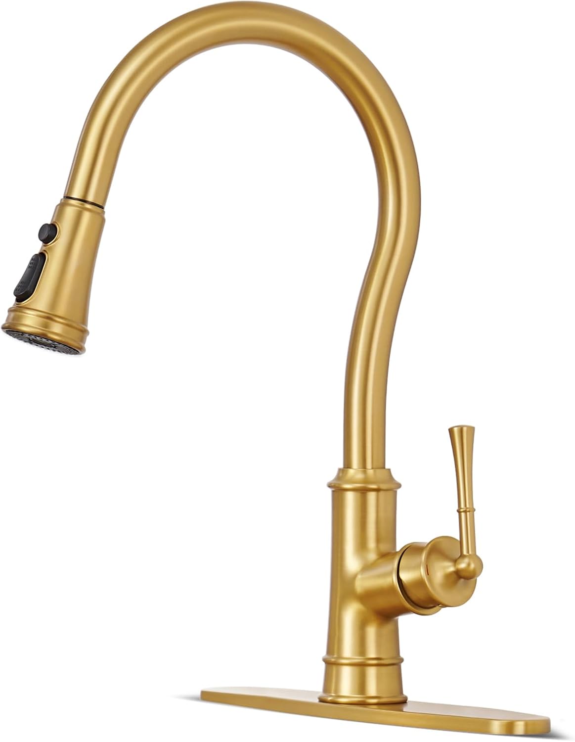 Kitchen Faucet with Pull Down Sprayer, Gold Vintage Brass Kitchen Sink Faucet High Arc Single Handle with Deck Plate 1 or 3 Hole, Ideal for Laundry Farmhouse Outdoor RV