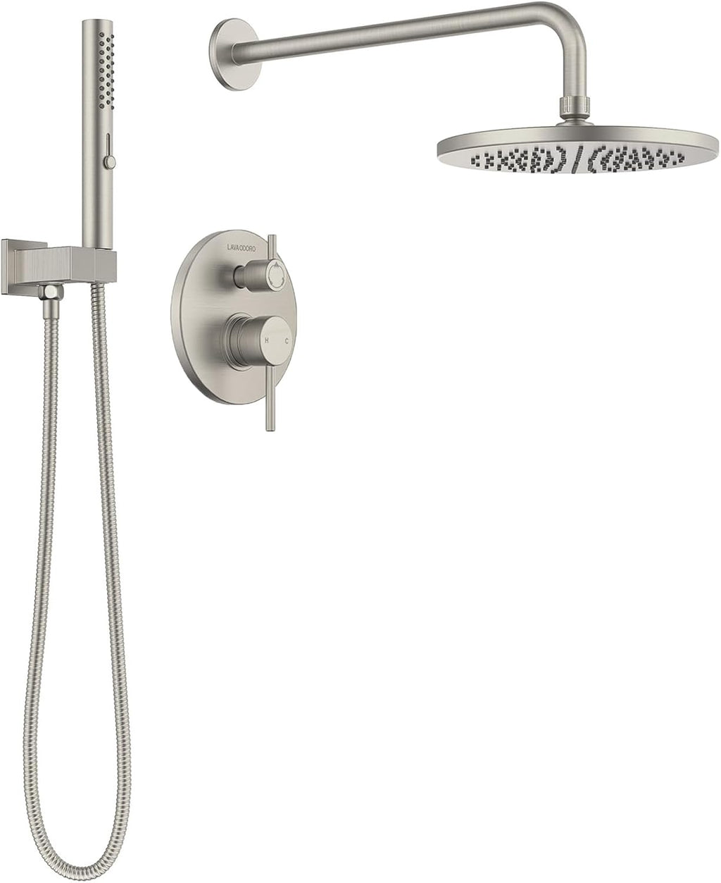 Lava Odoro Modern 2-Setting Round Rain Shower System, Brushed Nickel Rainfall Shower Faucet Set Rain Shower Head and Handle Set, Shower Valve Trim Kit,10 Inch, Brushed Stainless, SF104-BN
