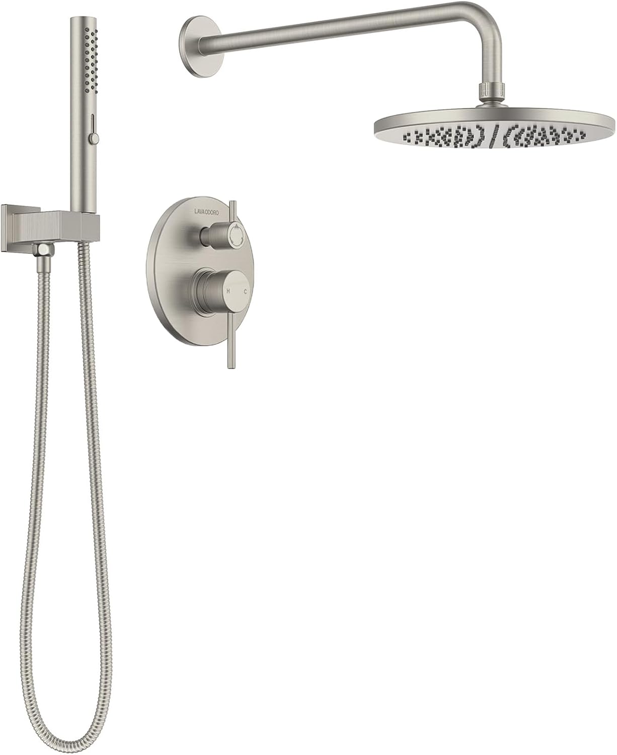 Lava Odoro Modern 2-Setting Round Rain Shower System, Brushed Nickel Rainfall Shower Faucet Set Rain Shower Head and Handle Set, Shower Valve Trim Kit,10 Inch, Brushed Stainless, SF104-BN