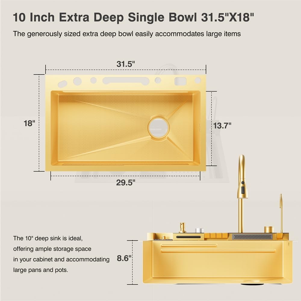Digital Display Embossed Stainless Steel Nano Gold Waterfall Large Single Groove Kithchen Sink with Pressurized Cup Washer (31.5 X 18 Inch)