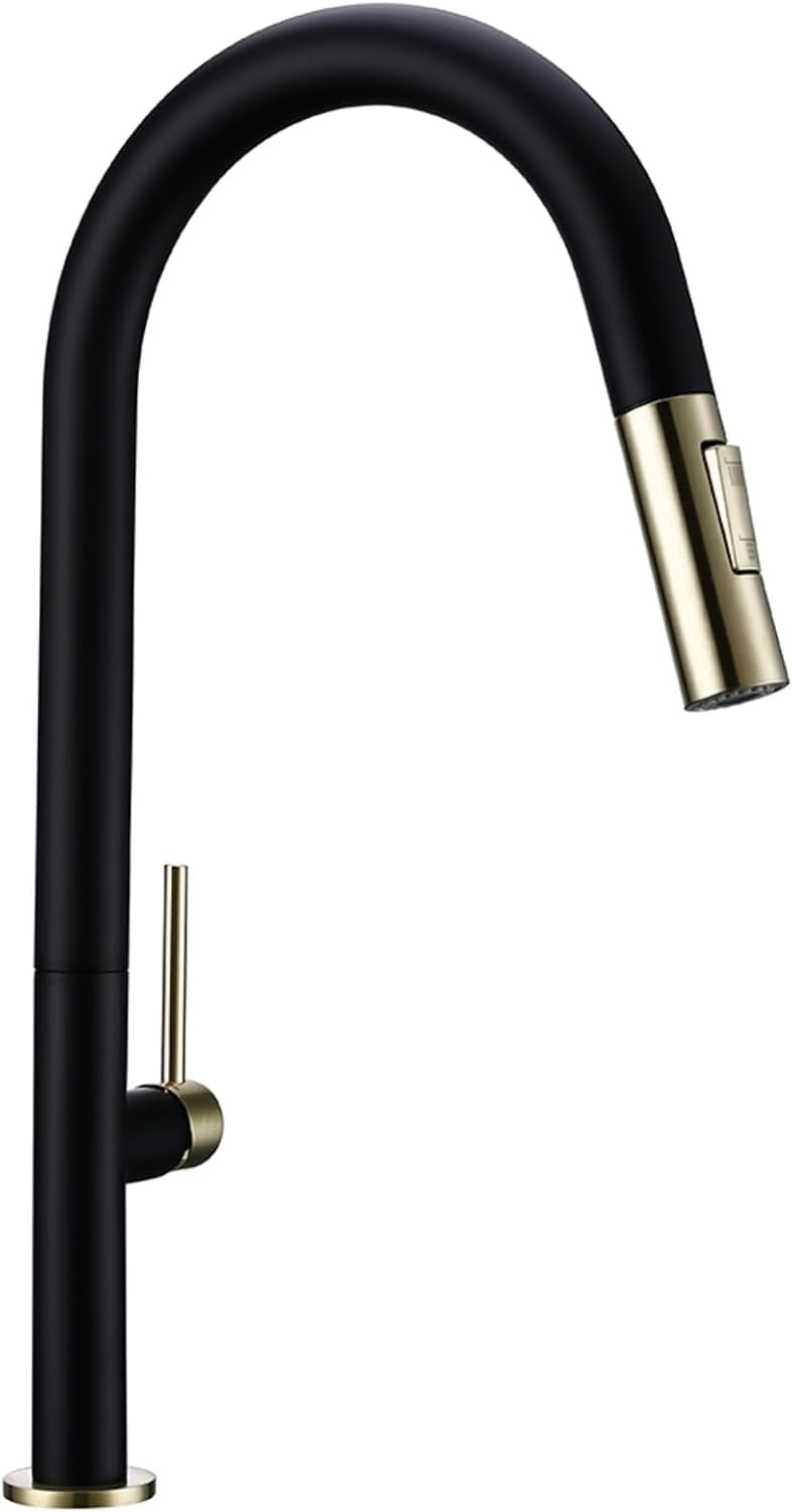 Kitchen Mixer Sink Tap Hot Cold Water 360 Degree Rotation Pull Out Brass Faucet(Black Gold)