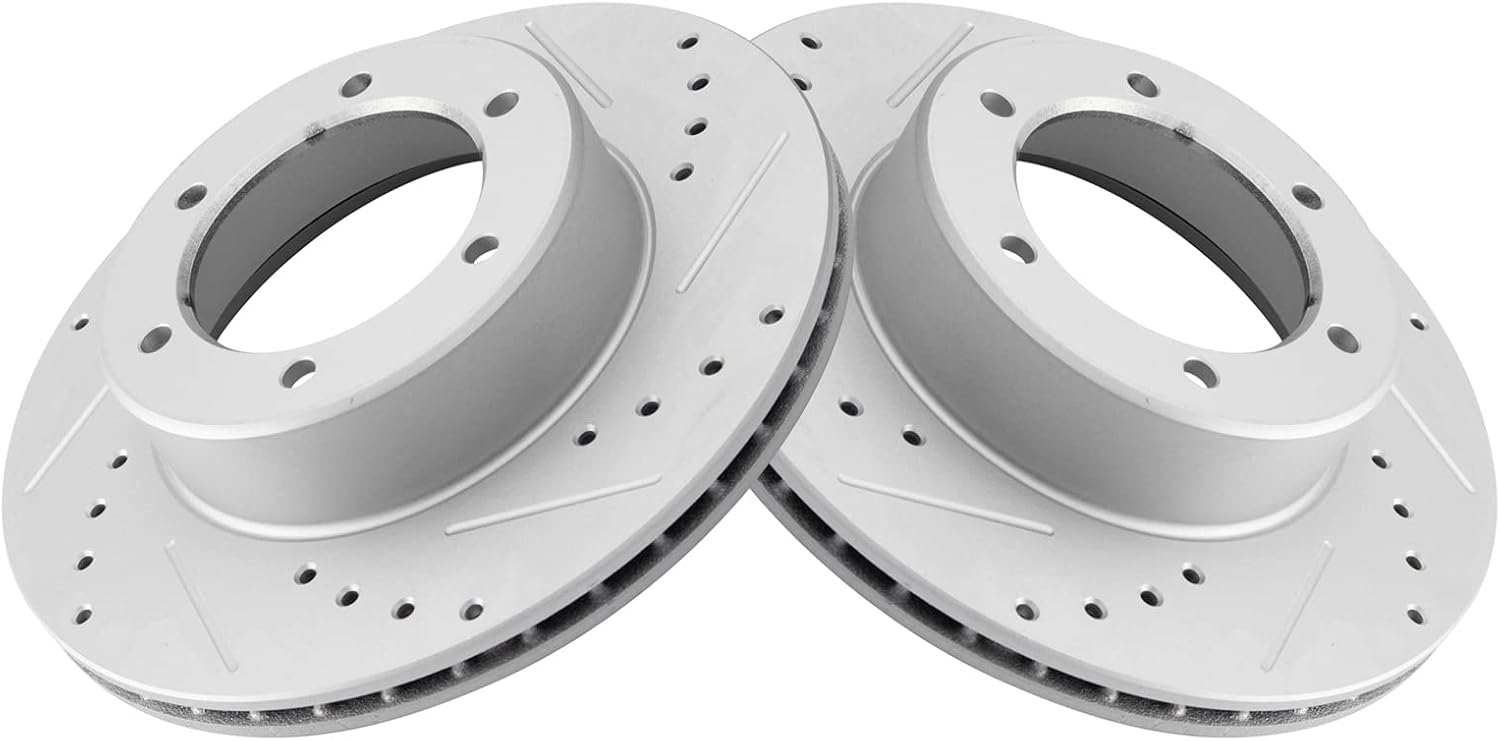 TRQ Performance Front Ceramic Brake Pad and Rotor Set Coated Drilled Slotted Compatible with 1990-1991 Toyota 4Runner 1994-1995 Toyota Pickup 4 Wheel Drive