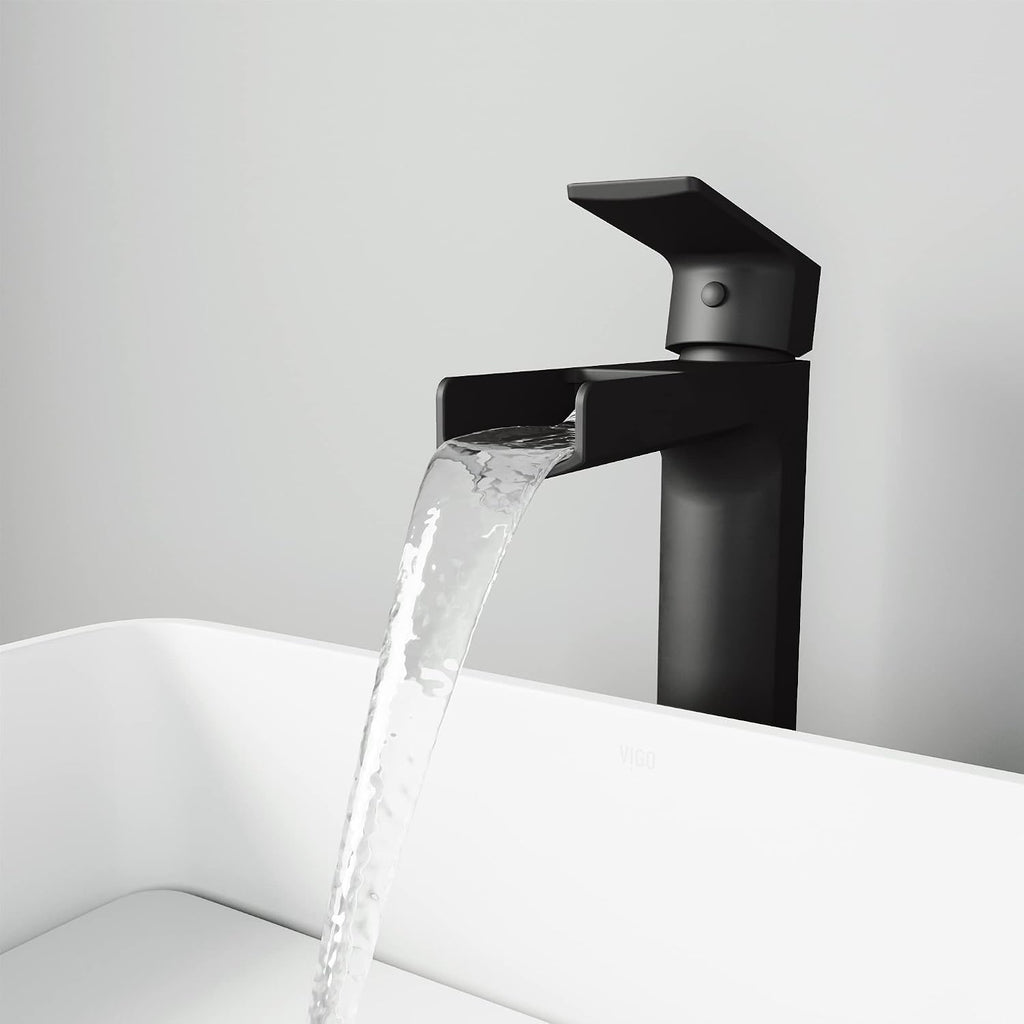 VIGO Amada Waterfall Single-Handle Single-Hole Mount Vessel Bathroom Sink Faucet, 10-Inch, Matte Black, Modern Design, Solid Brass, 1.2 GPM WaterSense & Ceramic Disc Valve, Corrosion-Resistant