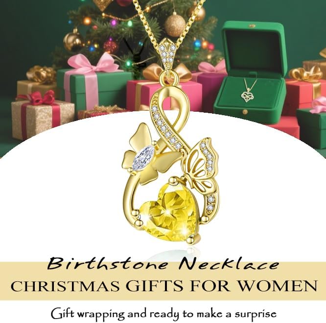 Gold Jewelry for Women Wife Infinity Necklace 18K White Gold Plated Dainty Butterfly Pendant with Heart Birthstone - Anniversary Necklaces for Women Birthday Gift Ideas Present for Girlfriend Mom Daughter
