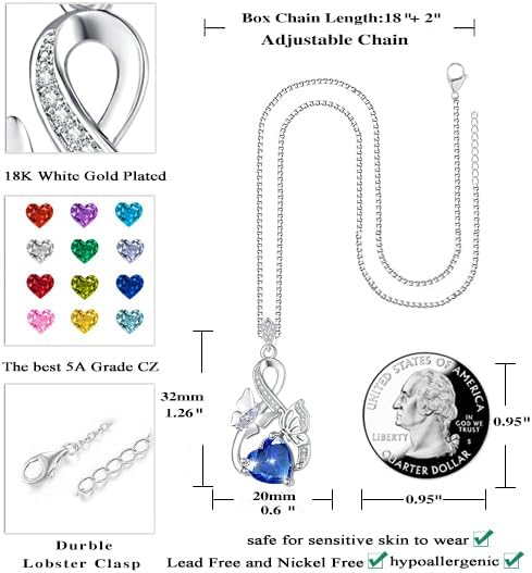 Gold Jewelry for Women Wife Infinity Necklace 18K White Gold Plated Dainty Butterfly Pendant with Heart Birthstone - Anniversary Necklaces for Women Birthday Gift Ideas Present for Girlfriend Mom Daughter