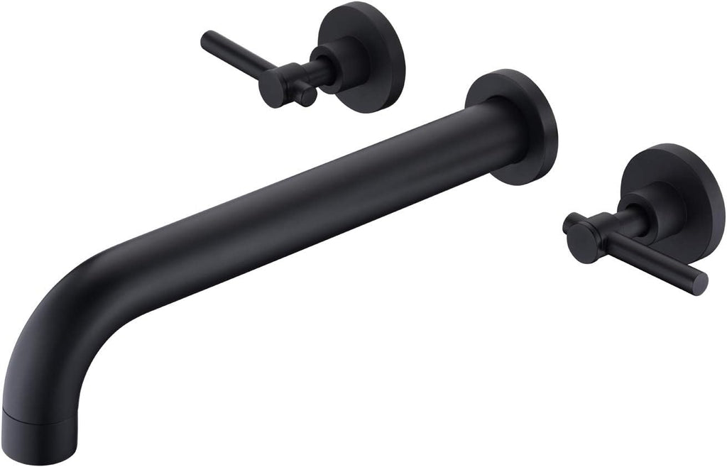 Wall Mount Tub Filler Matte Black Tub Faucet High Flow Two Handles Solid Brass, Long Spout Reach, sumerain