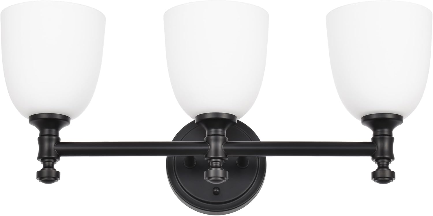 Black Bathroom Vanity Light, 3-Light Bathroom Light Fixtures Over Mirror, Traditional Vanity Lights for Living Room, Milk White Bell Glass Shades, Standard E26 Base, Matte Black