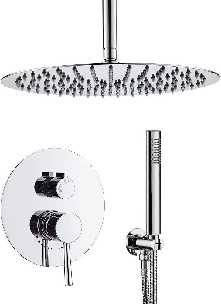 Ceiling Shower System, Chrome Shower Fixture Has 12 Inch Rain Shower Head with Handheld, All Metal Shower Faucet Sets Complete with Brass Valve