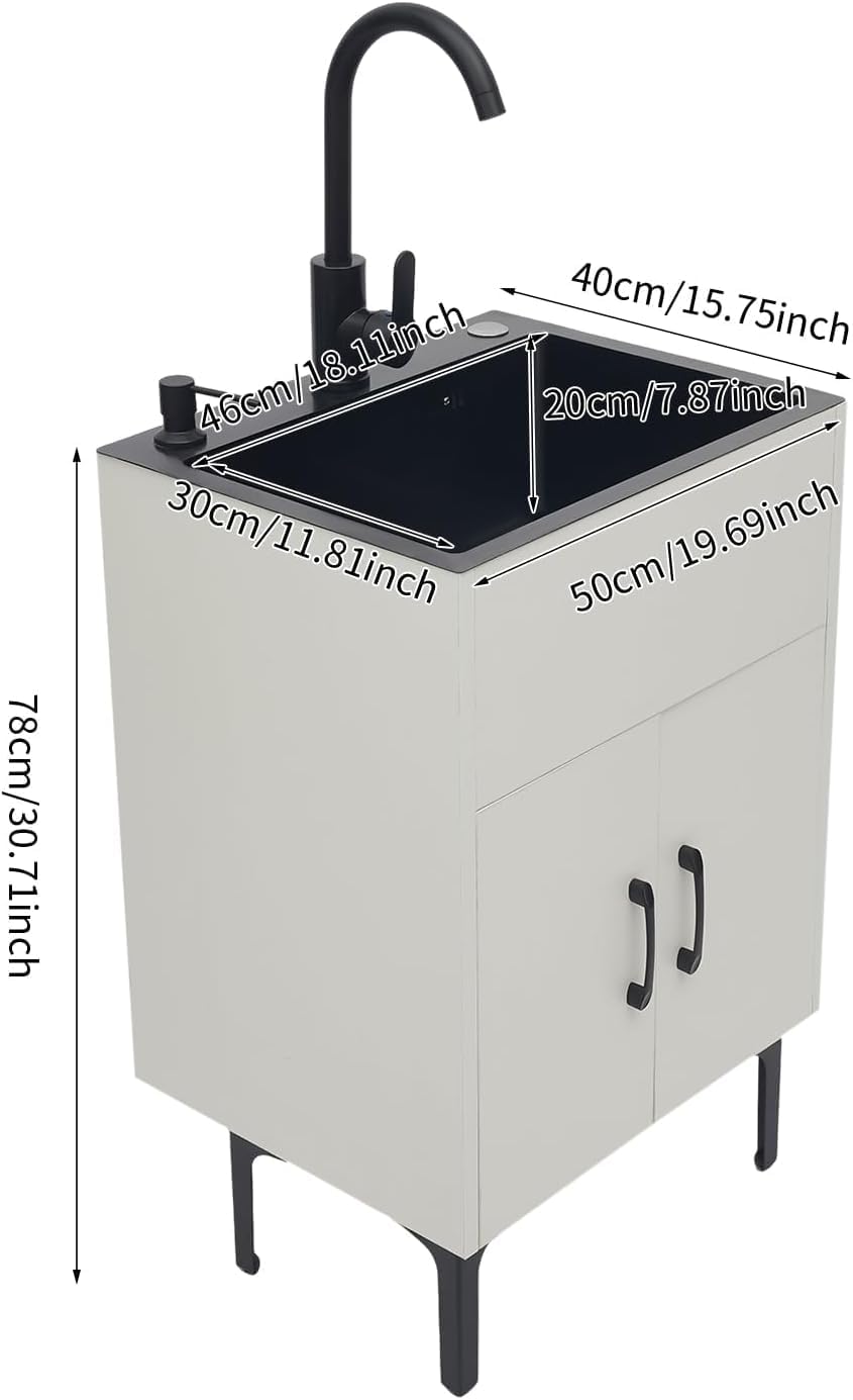 20-Inch Laundry Sink with Cabinet & 360° Swivel Hot/Cold Fauce, Freestanding Kitchen Sink Cabinet with Stainless Steel Sink & Drain Kit, White Cabinet with Sink for Laundry&Utility Room