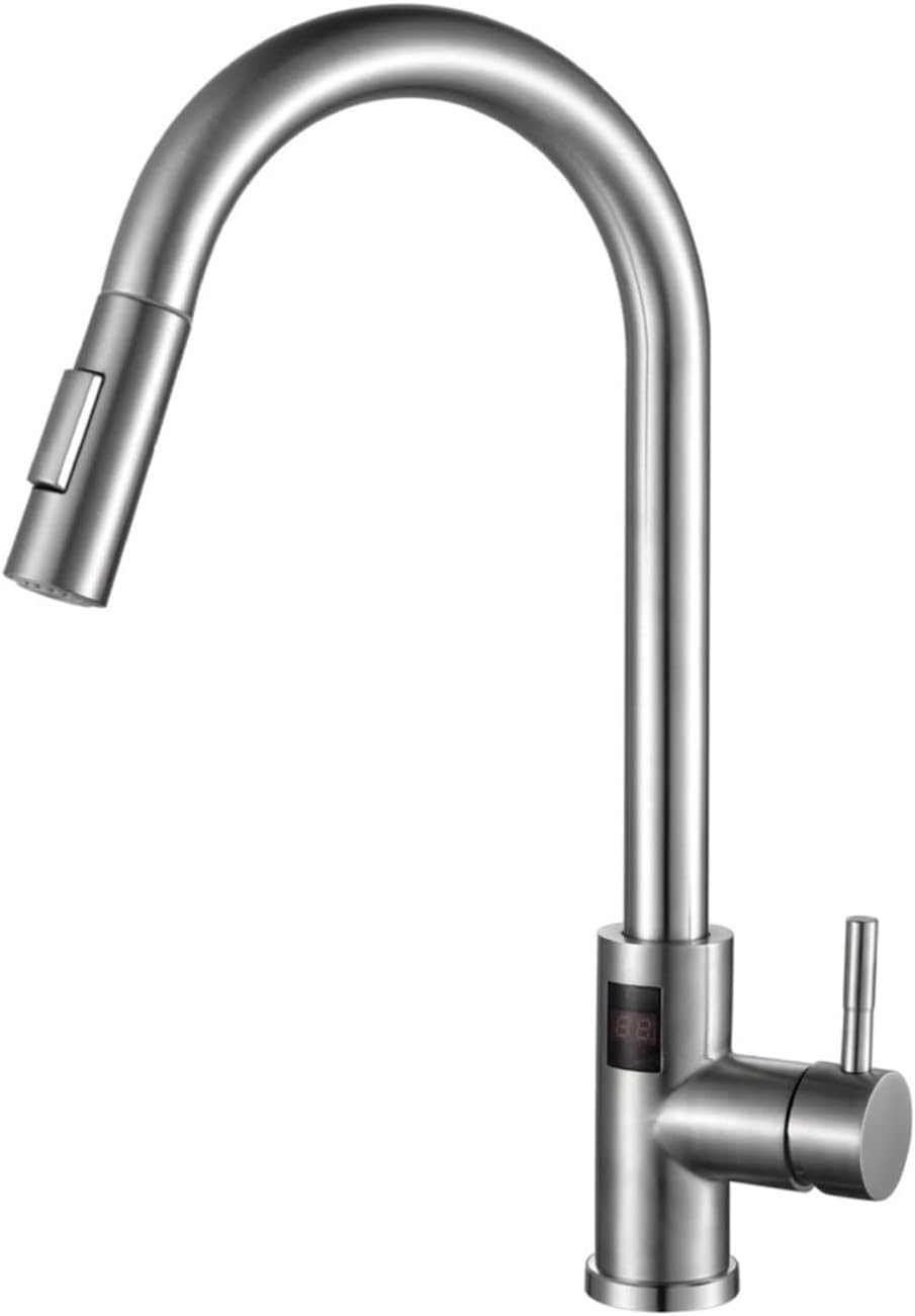 Kitchen Faucet Tap Hot Cold Water Digital Temperature Display Faucet 304 Stainless Steel Pull Down Taps(Brushed)