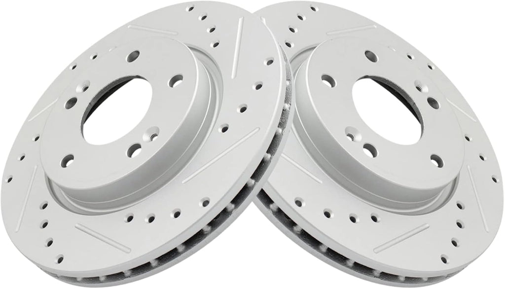 TRQ Performance Front Brake Pad and Rotor Set Ceramic Drilled Slotted G Coated Vented Rotors Compatible with 2007-2010 Hyundai Elantra
