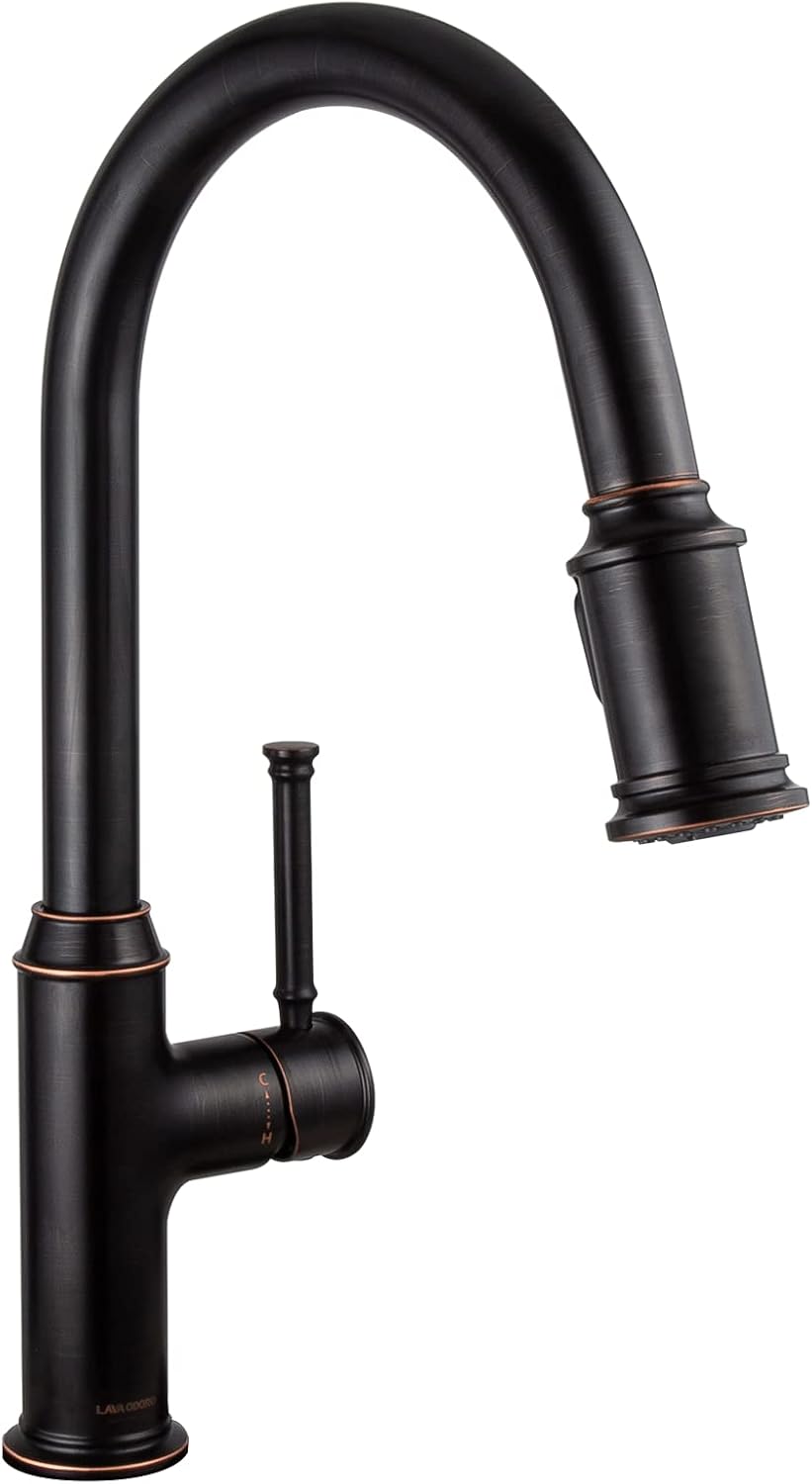 Lava Odoro Oil Rubbed Bronze Kitchen Faucet with Pull Down Sprayer, Single Handle Kitchen Sink Faucet Bronze Faucet for Kitchen Sink 1 Hole and 3 Hole, Deck Plate Included, KF421-ORB