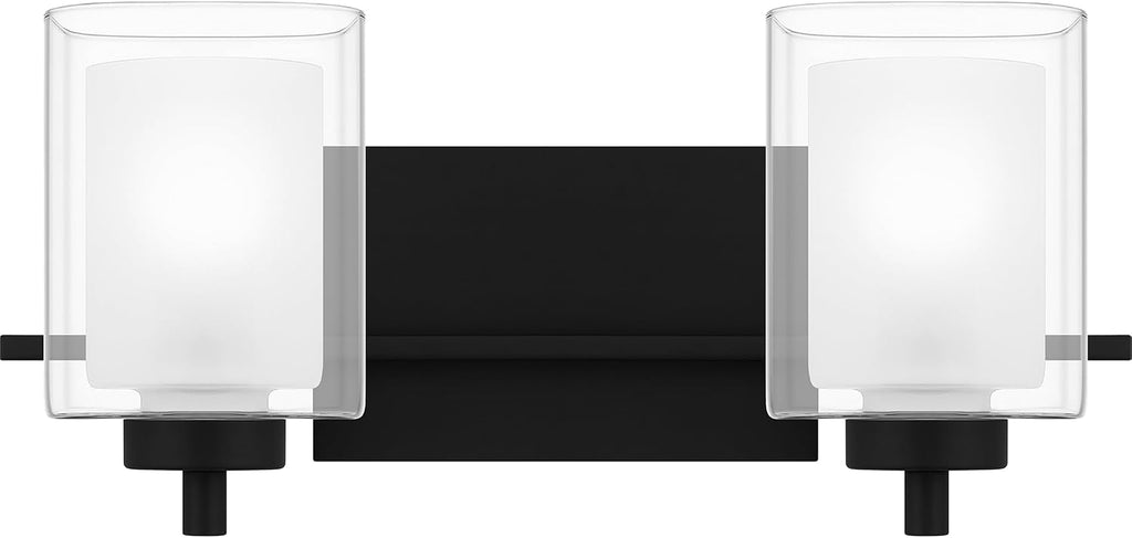 Quoizel Kolt Modern Vanity Lights, 2-Light, 18 Inch Matte Black Bathroom Lighting Fixtures Over Mirror, Sandblasted Inner Glass, 100 W A19 Bulb, Wall Mount Light for Bathrooms, Kitchen or Hallway