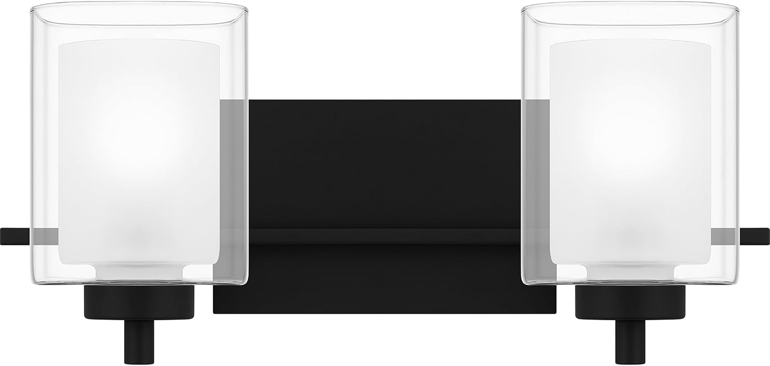 Quoizel Kolt Modern Vanity Lights, 2-Light, 18 Inch Matte Black Bathroom Lighting Fixtures Over Mirror, Sandblasted Inner Glass, 100 W A19 Bulb, Wall Mount Light for Bathrooms, Kitchen or Hallway