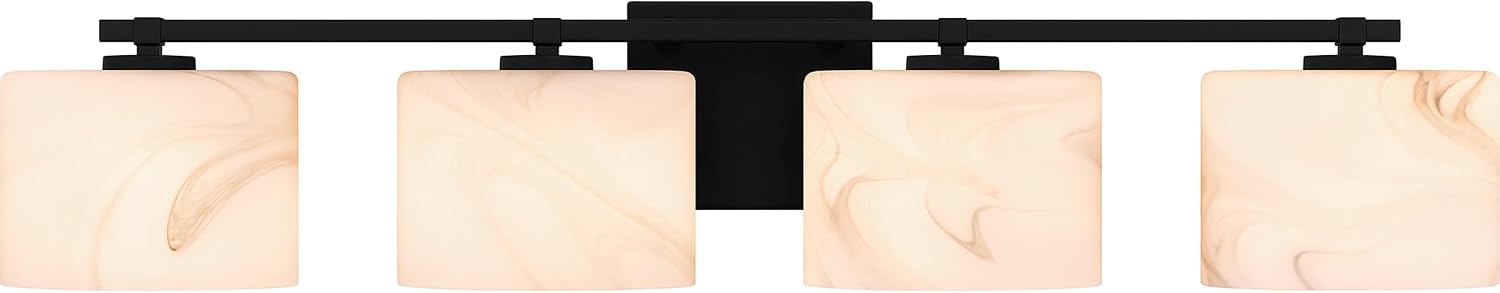 Quoizel Mather Bath Vanity Lights, 32 Inch 4-Light Lighting Fixtures Over Mirror, Matte Black with Marbled Glass Shade, 40W G9 Base Bulbs, Transitional Wall Mount Light for Bathrooms, Dresser or Sink
