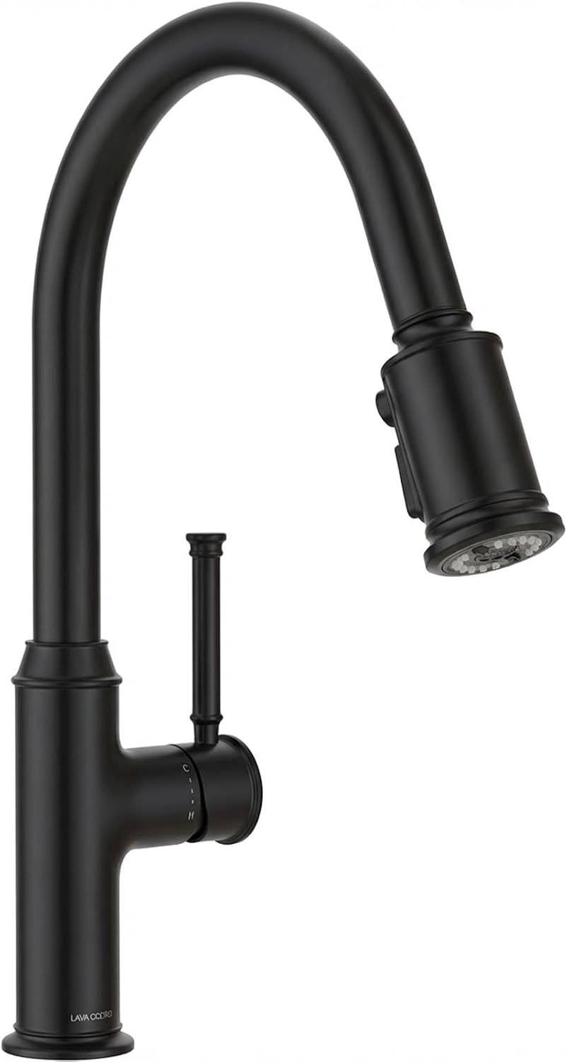 Lava Odoro Curtura Matte Black Kitchen Faucet with Pull-Down Sprayer, Single Handle Kitchen Sink Faucet Black Faucet for Kitchen Sink 1 Hole, Deck Plate Included, 1.8 GPM, KF421-MB