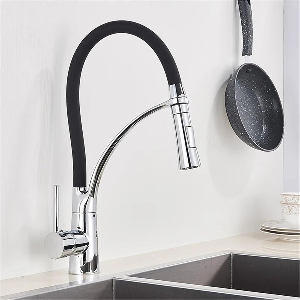 Pull Down Kitchen Faucet with Black Hose Deck Mounted Hot and Cold Water Mixer Sink Tap Swivel Kitchen Tap(Chrome)