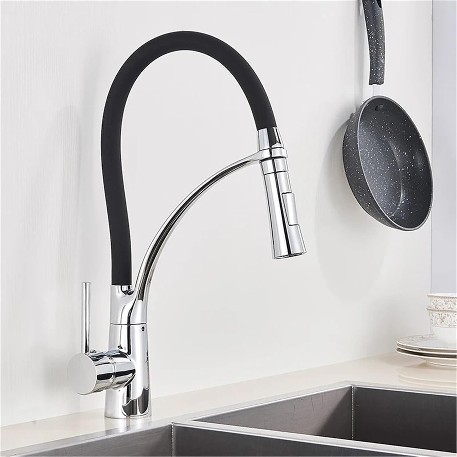 Pull Down Kitchen Faucet with Black Hose Deck Mounted Hot and Cold Water Mixer Sink Tap Swivel Kitchen Tap(Chrome)