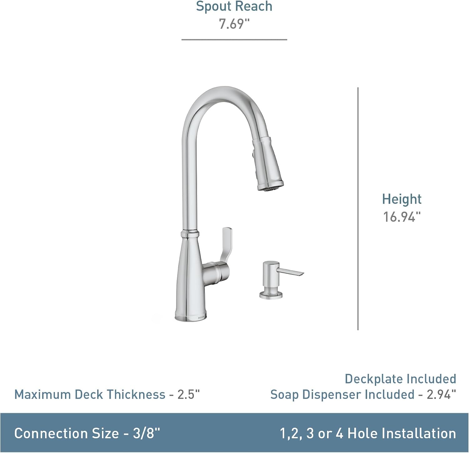 Moen Nolia Chrome One-Handle High Arc Kitchen Faucet with Pull Down Sprayer and Soap Dispenser, Kitchen Sink Faucet Featuring Power Boost Technology, 87071