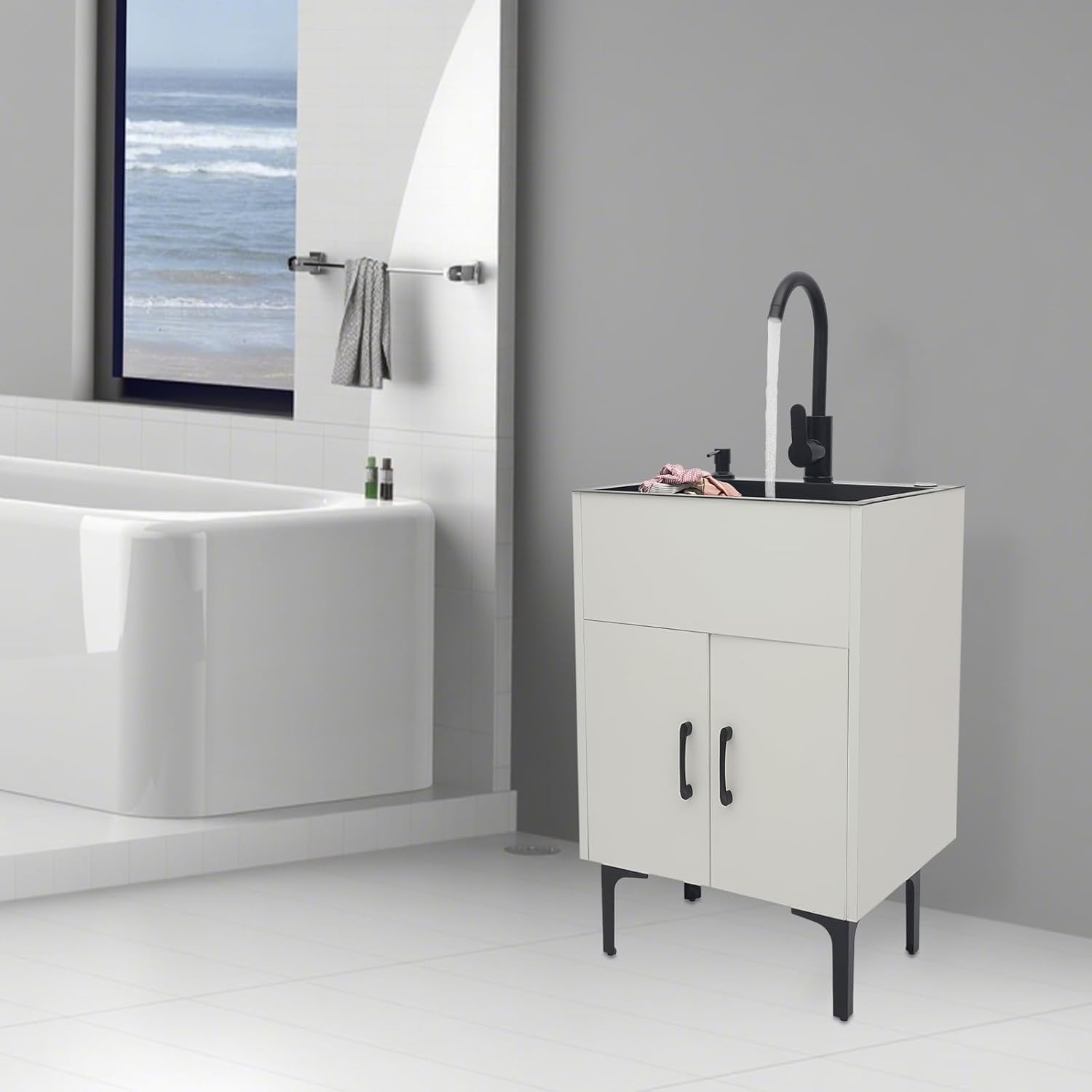 20-Inch Laundry Sink with Cabinet & 360° Swivel Hot/Cold Fauce, Freestanding Kitchen Sink Cabinet with Stainless Steel Sink & Drain Kit, White Cabinet with Sink for Laundry&Utility Room
