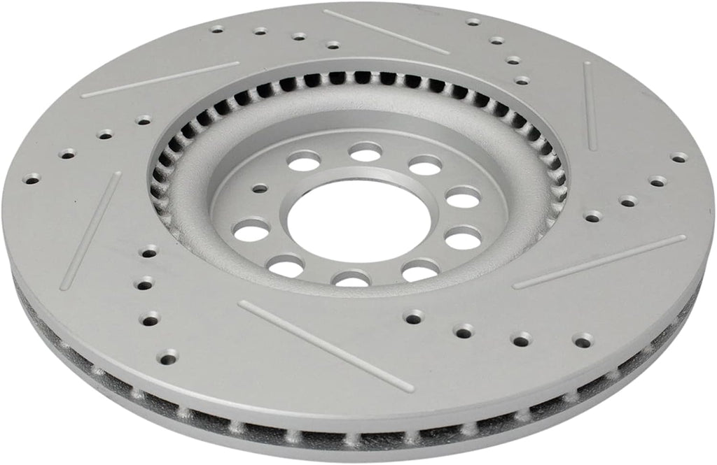 TRQ Performance Front Brake Pad and Rotor Set Ceramic Slotted Drilled G-Coated Compatible with 2000-2006 Audi TT 2000-2006 TT Quattro 2002-2003 Volkswagen Golf