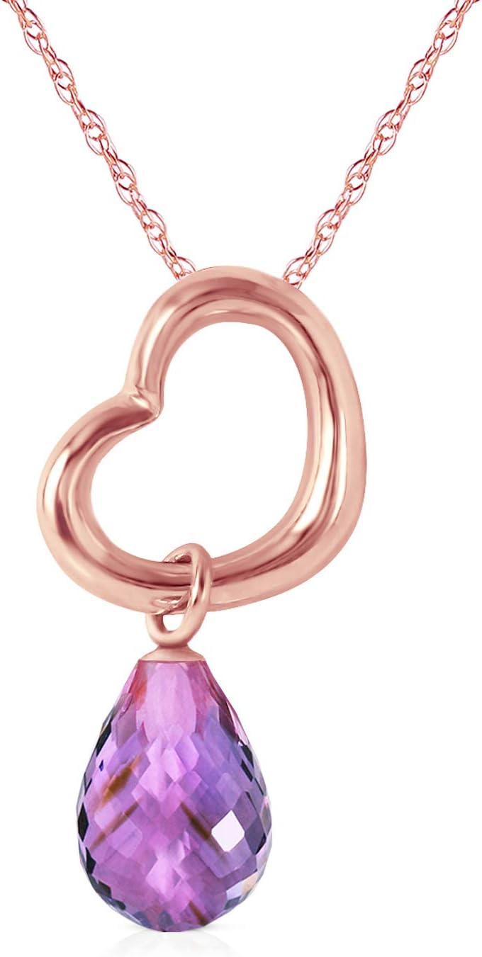 Galaxy Gold GG 14K Gold Open Heart with Genuine Purple Amethyst Drop Pendant Necklace