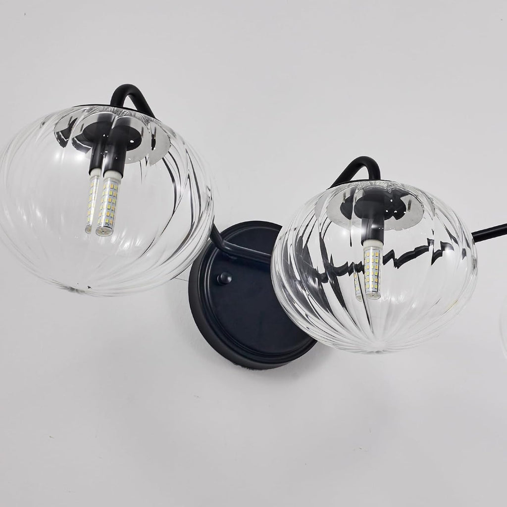 ANDY STAR Black Vanity Lights, 3 Light Bathroom Light Fixtures with Clear Pumpkin-Ribbed Glass Globe Shade, Classic Matte Black Striped Wall Lights for Over Mirror, G9 Base (No Bulbs)