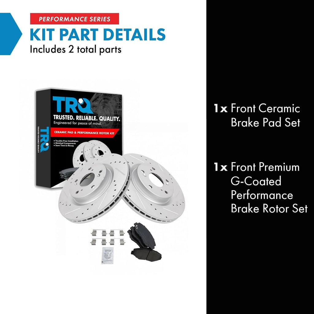 TRQ Performance Front Brake Pad and Rotor Set Ceramic Drilled Slotted G Coated Rotors Compatible with 2012-2015 Honda CR-V