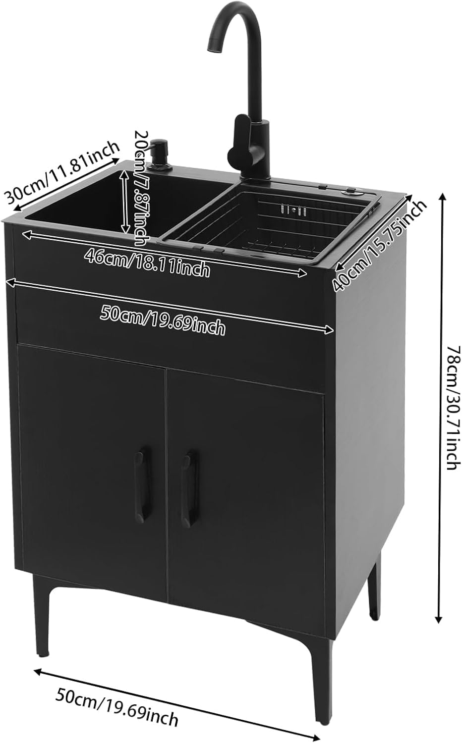 20-Inch Laundry Sink with Cabinet & 360° Swivel Hot/Cold Fauce, Freestanding Kitchen Sink Cabinet with Stainless Steel Sink & Drain Basket, Black Cabinet with Sink for Laundry & Utility Room