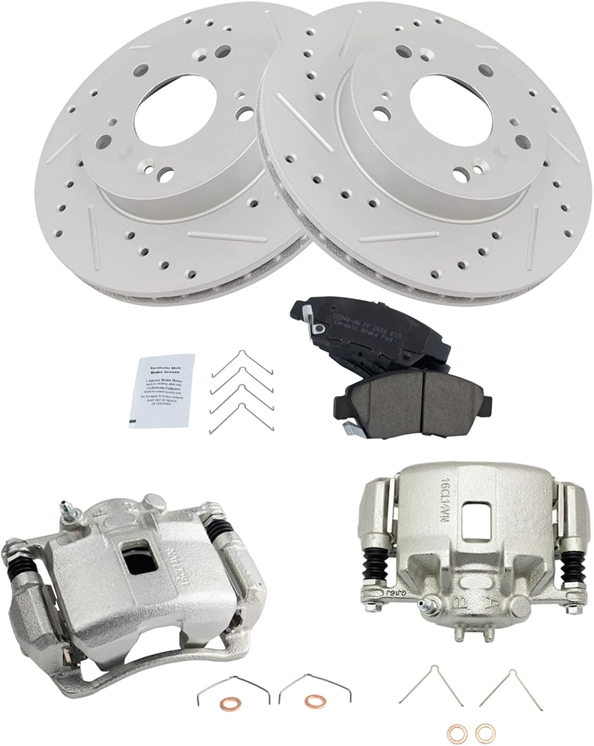 TRQ Performance Front Brake Pad and Rotor Set Ceramic Vented Coated Slotted Drilled Rotors Calipers Compatible with 2002-2006 Acura RSX