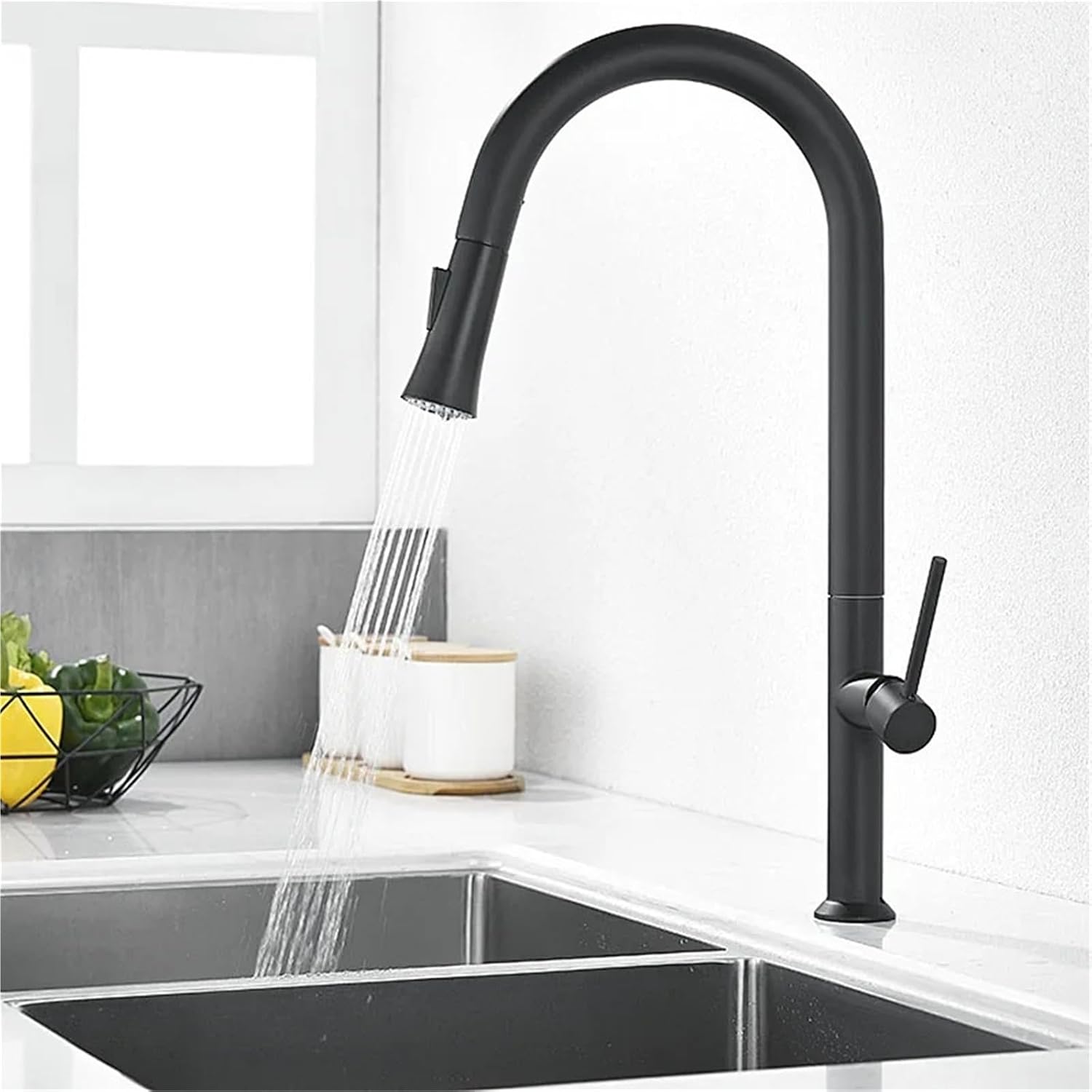 Pull Out Kitchen Sink Water Tap Single Handle Cold and Hot Water Mixer Tap 360 Rotation Kitchen Faucet(Black)