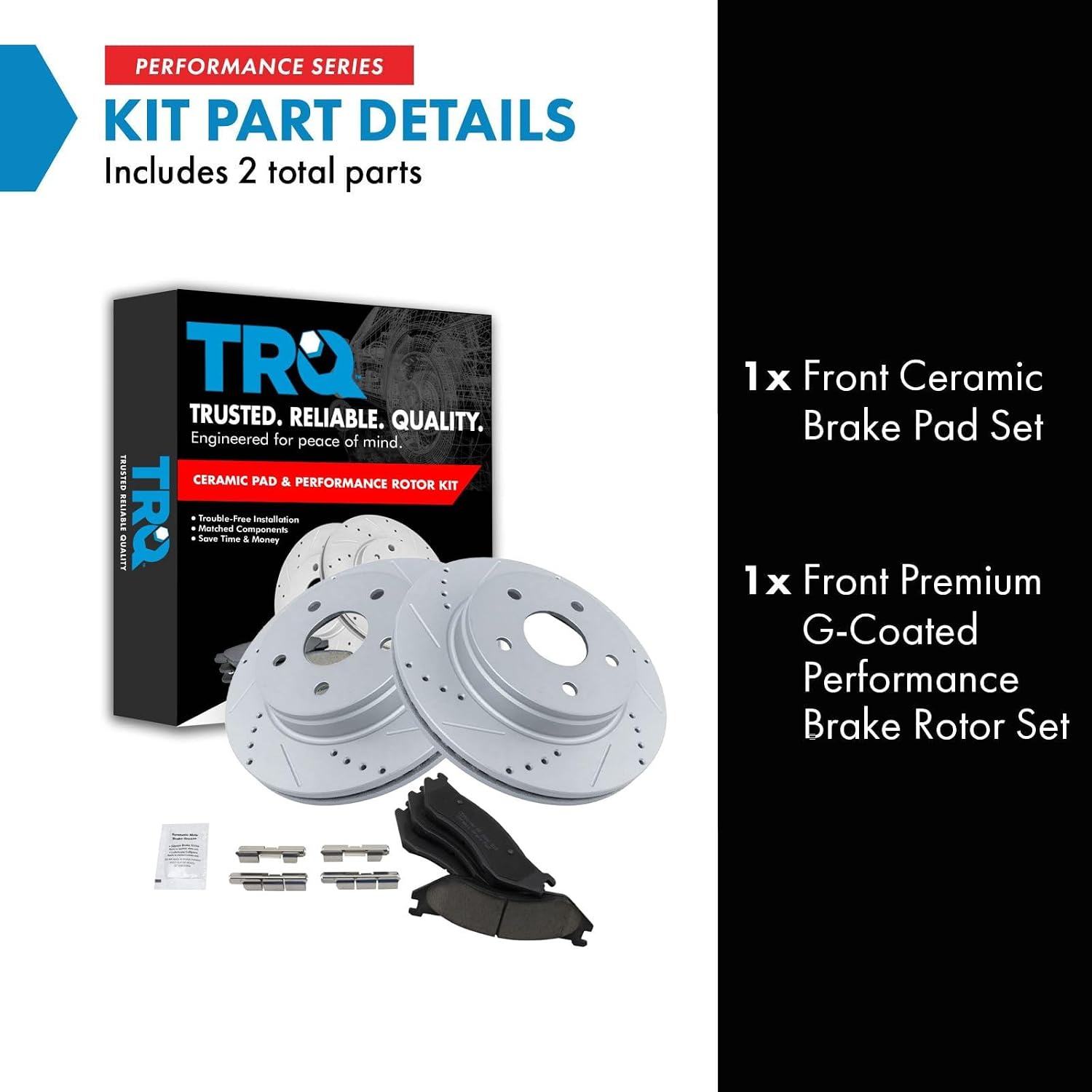 TRQ Performance Front Brake Pad and Rotor Set Ceramic Drilled Slotted G Coated Vented Rotors Compatible with 2003-2005 Dodge Ram 1500 2004-2006 Durango