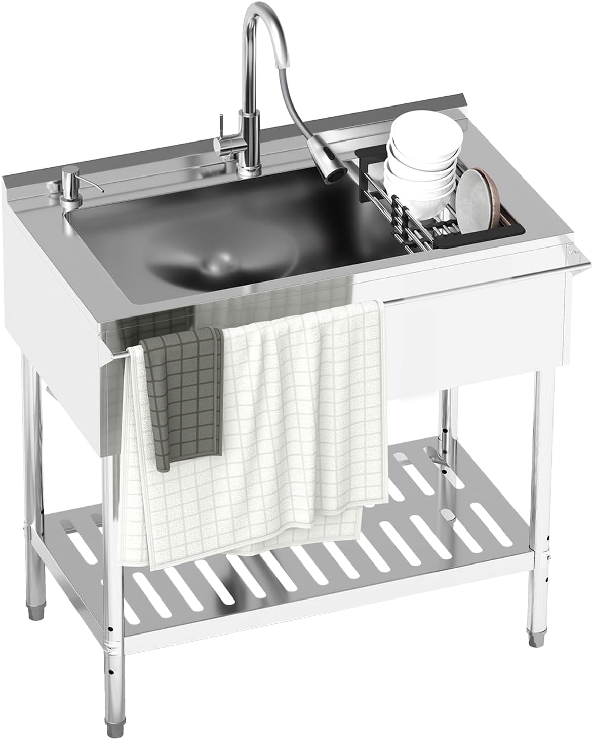 Stainless Steel Utility Sink, 30.8'' Free Standing Single Bowl Sink with Pull-Out Faucet & basket & Cold and Hot Water Pipe, Indoor and Outdoor Sink for Laundry Room, Garage, Kitchen, Silver