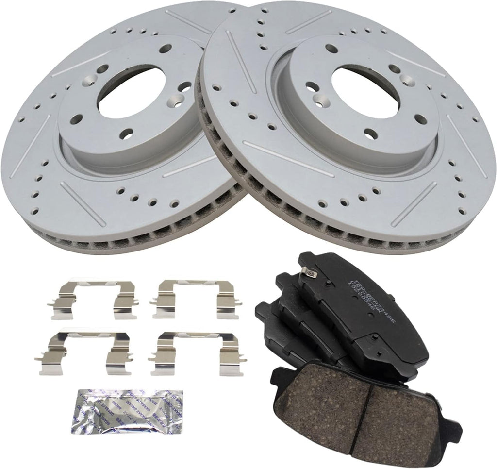 TRQ Performance Front Ceramic Brake Pad and Rotor Set Compatible with 13-16 Hyundai Veloster Turbo 14-16 Kia Forte Koup SX 15-16 Forte5 SX with 300 mm Diameter Front Rotors