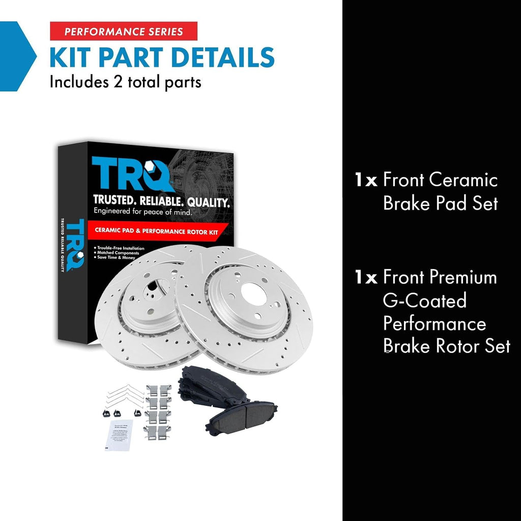 TRQ Performance Front Ceramic Brake Pad and Rotor Set Drilled Slotted Coated Compatible with 08-19 Toyota Highlander 11-20 Sienna 10-15 Lexus RX350 10-15 RX450h 15-17 NX200t 18-21 NX300 15-20 NX300h