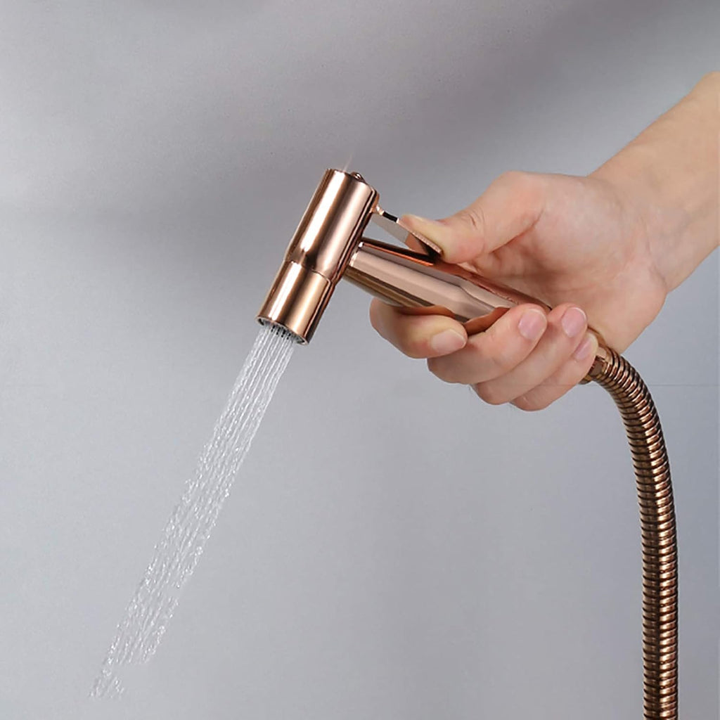 Rose Gold Handheld Bidet Sprayer for Toilet, Brass Bathroom Cloth Diaper Set with Cold and Hot Water, Wall Mounted Kit for Personal Hygiene