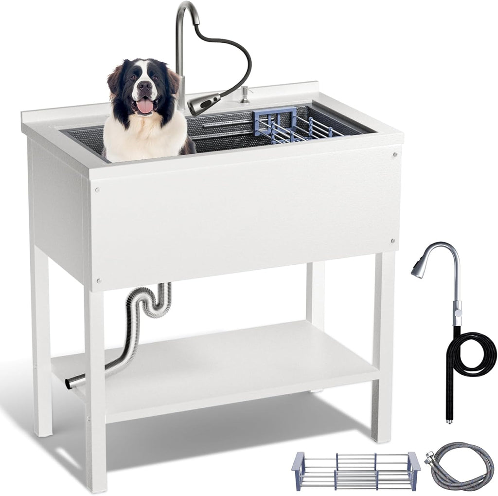 Stainless Steel Utility Sink,36' Laundry Freestanding Sink with Cold and Hot Water Faucet,Commercial Single Bowl Laundry Room Utility Sink for Kitchens, Garage, Bathrooms