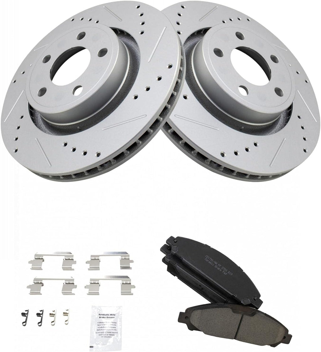 TRQ Performance Front Brake Pad and Rotor Set Ceramic Drilled Slotted Vented Rotors Compatible with 2015-2017 Ford Mustang