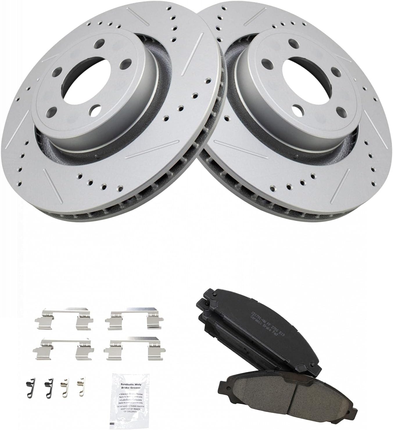 TRQ Performance Front Brake Pad and Rotor Set Ceramic Drilled Slotted Vented Rotors Compatible with 2015-2017 Ford Mustang