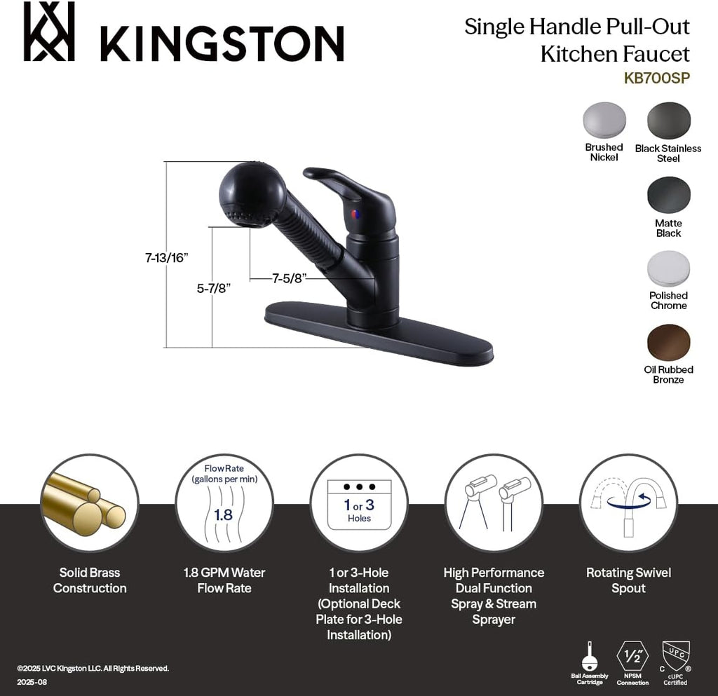 Kingston Brass KB700SP Single-Handle Pull-Out Kitchen Faucet, Matte Black