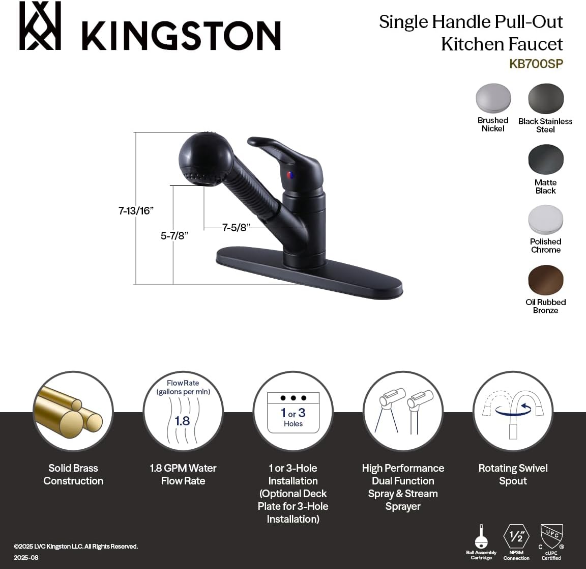 Kingston Brass KB700SP Single-Handle Pull-Out Kitchen Faucet, Matte Black